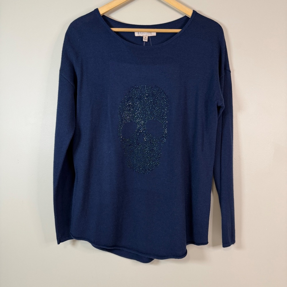 PHILOSOPHY Navy Cashmere Blend Rhinestone Skull Sweater Medium Edgy Street‎ Goth